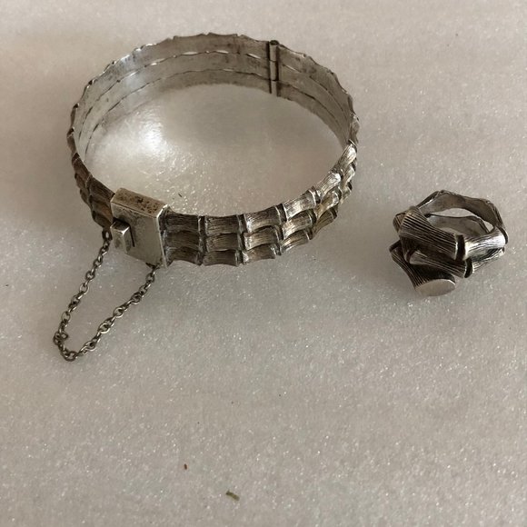 Vtg MCM Taxco Silver Hinged Bracelet & Ring - Picture 1 of 7